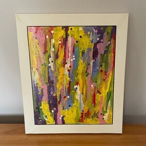 Colorful Abstract Drip Canvas Painting in Yellow, Pink & Purple